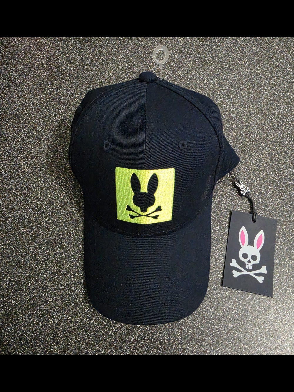 Psycho Bunny Navy Adjustable Cap with Neon Yellow Bunny Skull Patch
